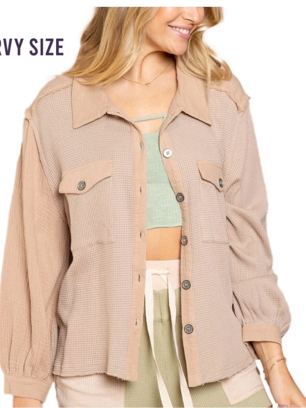 POL Waffle Knit & Gauze lightweight Button- Shacket